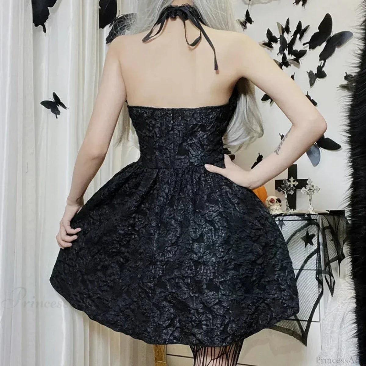 Jacquard Halter Neck Cross Collar Corset Lace Up Flared Mini Dress - View 2