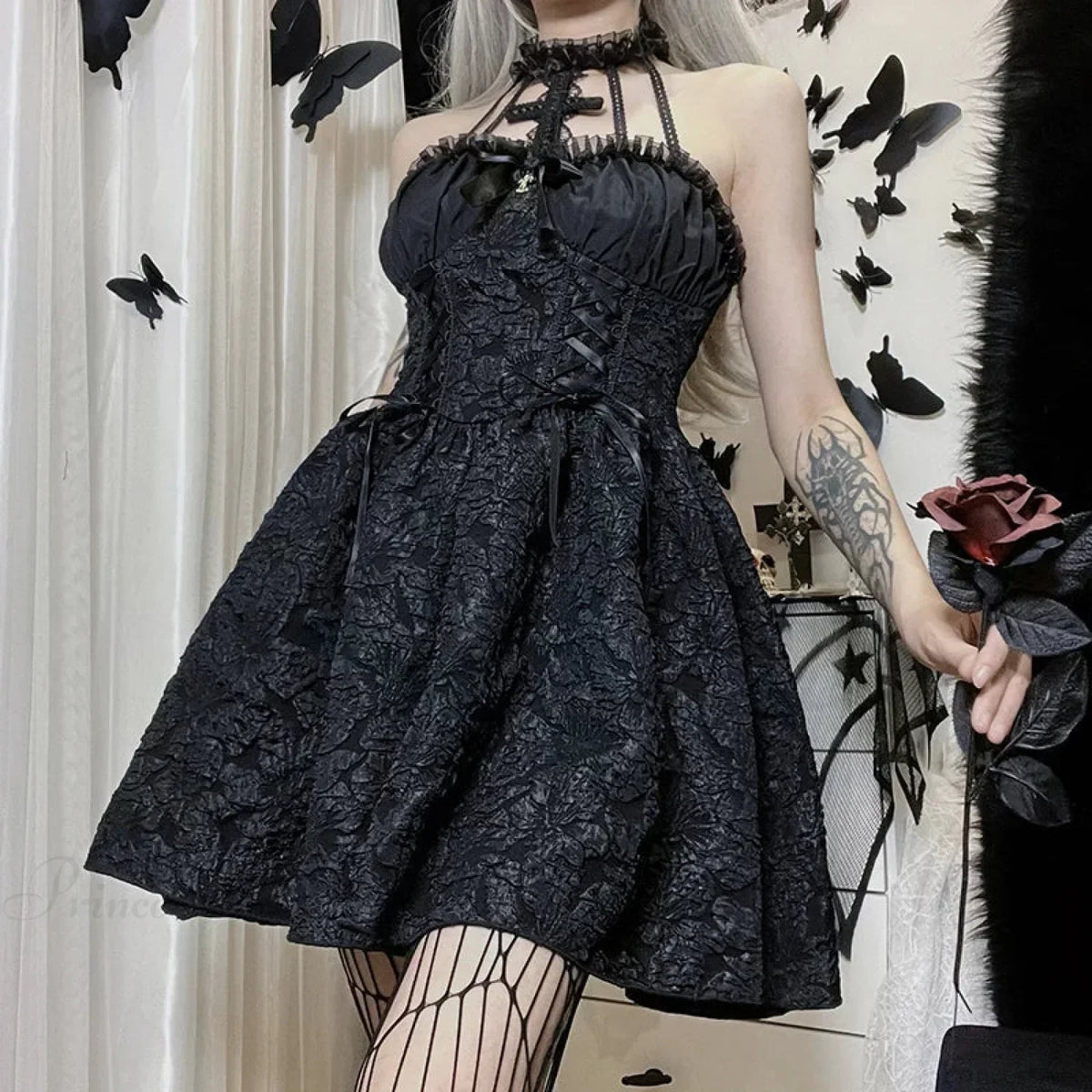 Jacquard Halter Neck Cross Collar Corset Lace Up Flared Mini Dress - View 3