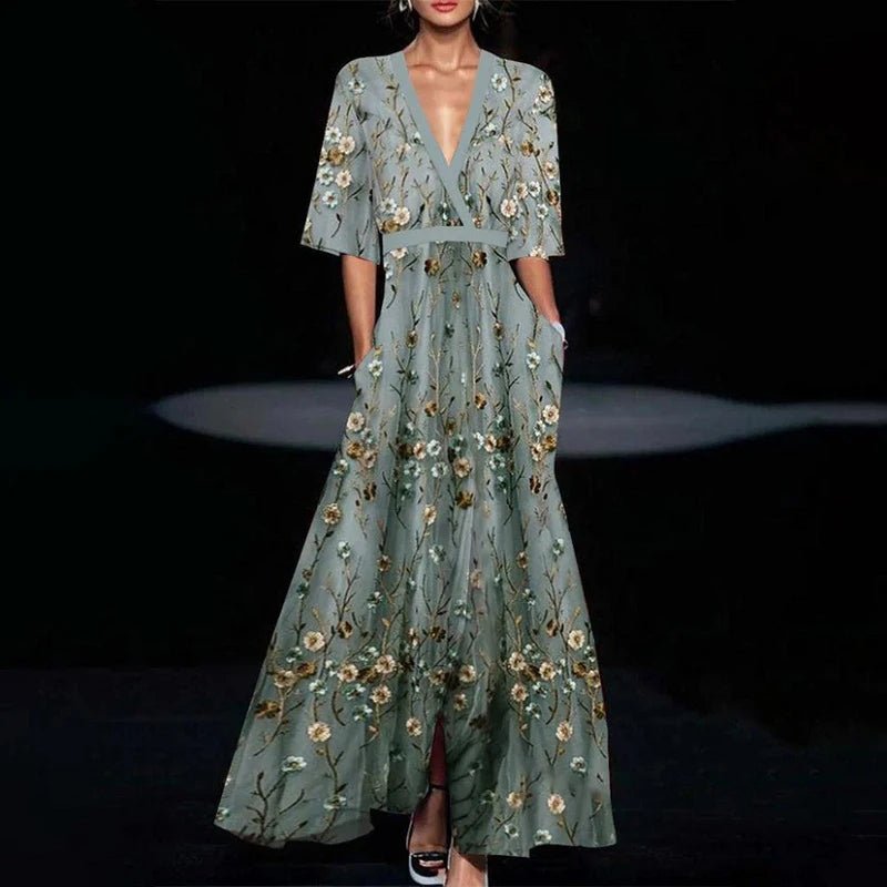 Floral Deep V-Neck Short Sleeve Wrap High Split Maxi Dress - View 3