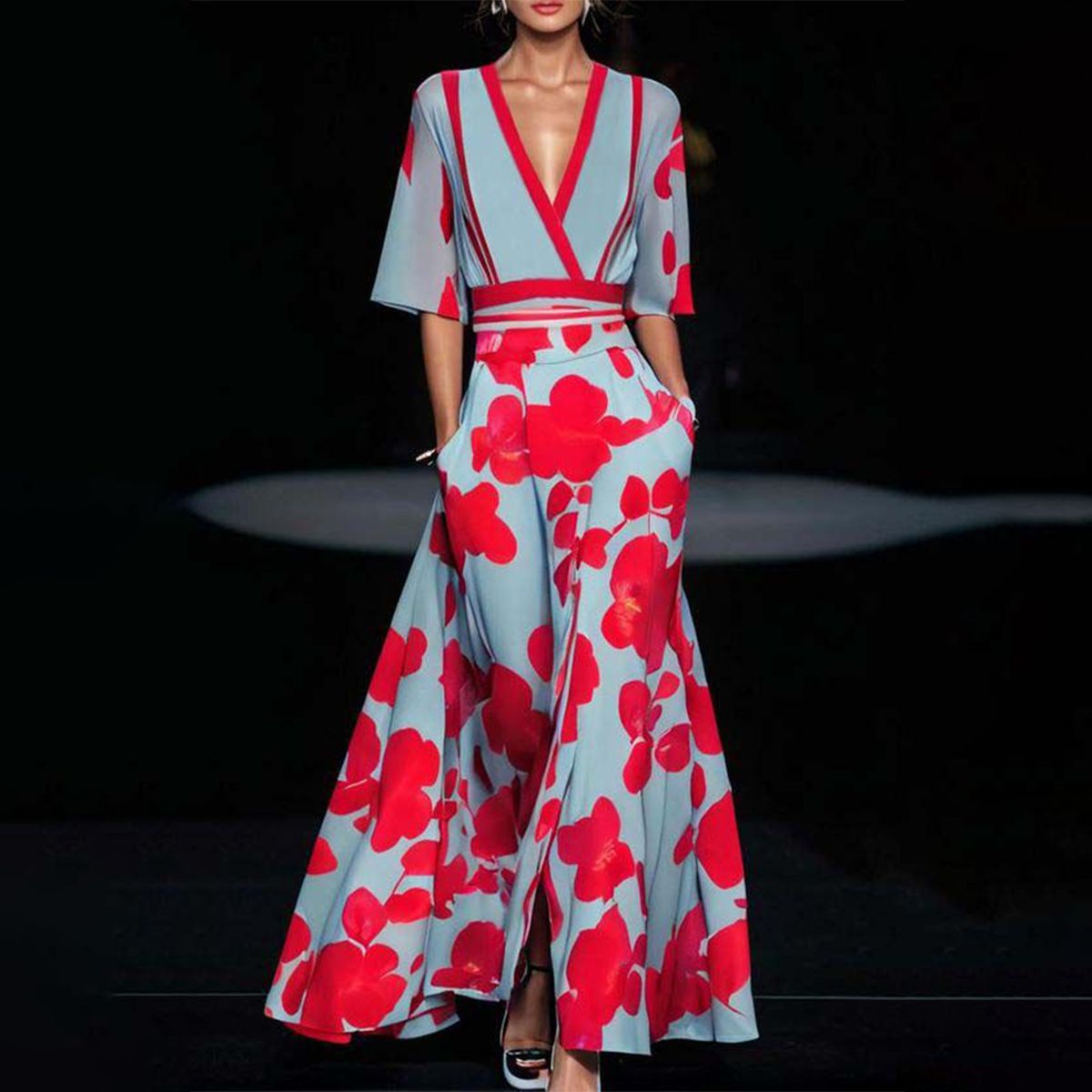 Floral Deep V-Neck Short Sleeve Wrap High Split Maxi Dress - View 2