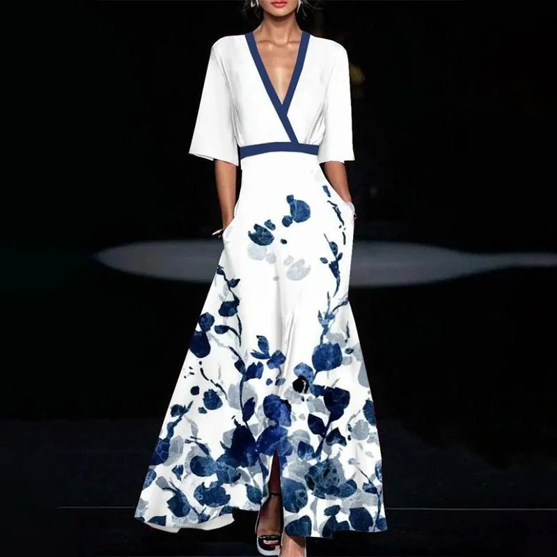 Floral Deep V-Neck Short Sleeve Wrap High Split Maxi Dress - View 4