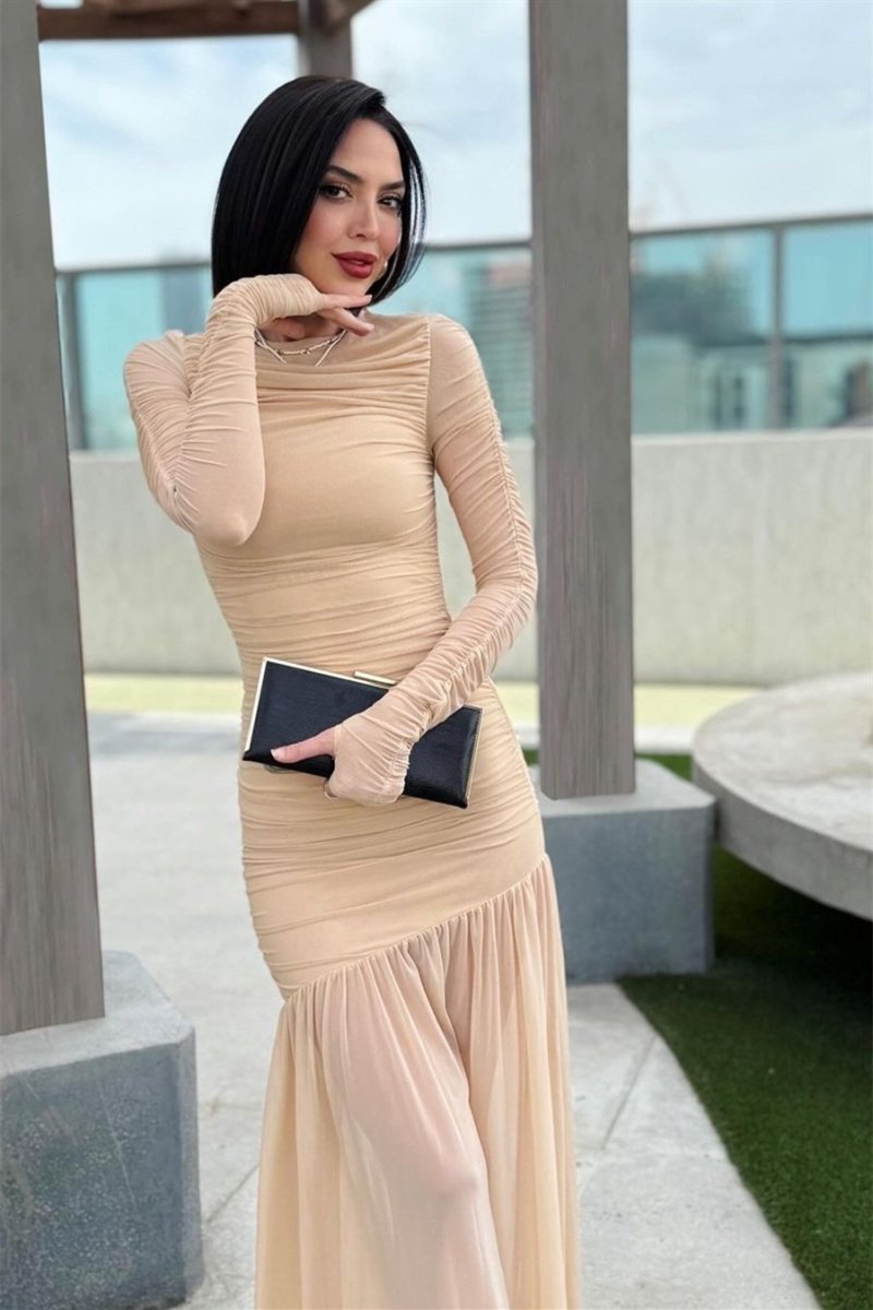 Mesh Round Neck Long Sleeve Ruched Drop Waist Flowy Maxi Dress - View 4