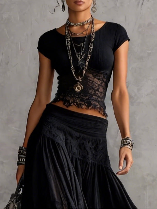 Lace Trim Short Sleeve Top and Tiered Mesh Maxi Skirt Two Piece Set 2