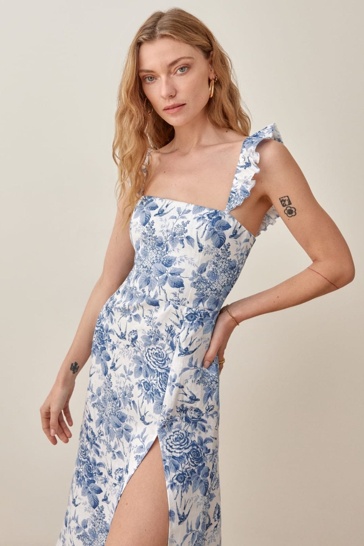 Floral Print Square Neck Ruffle Strap High Split Midi Dress - View 5