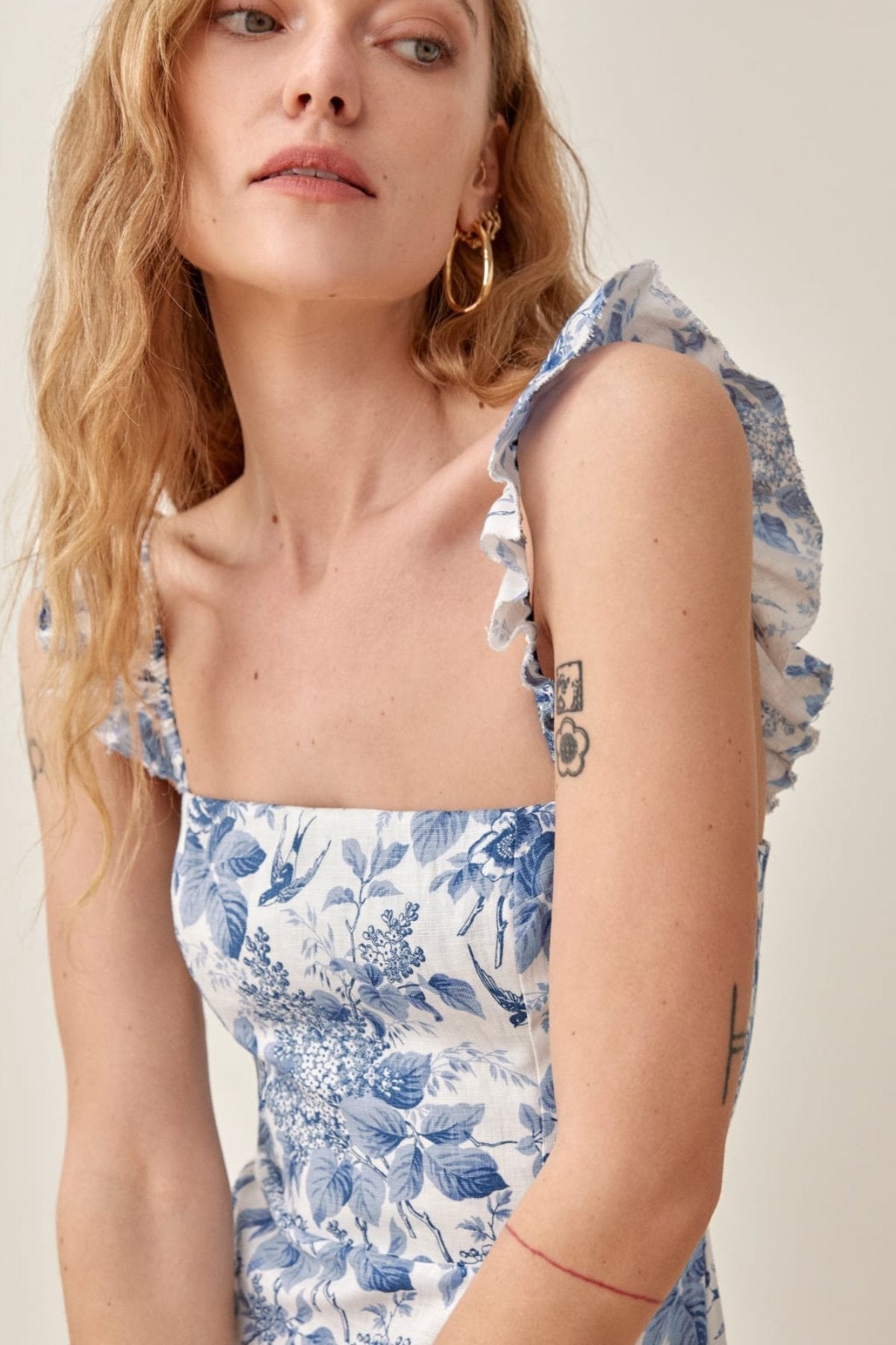 Floral Print Square Neck Ruffle Strap High Split Midi Dress - View 4