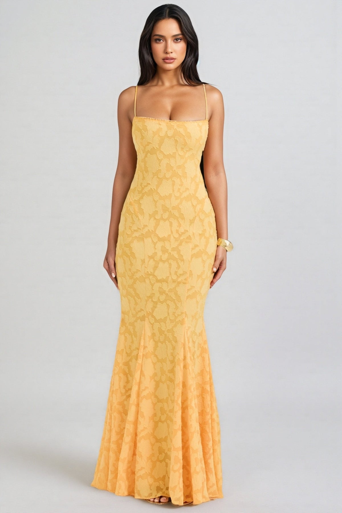 Xyvan Yellow Lace Up Back Maxi Dress