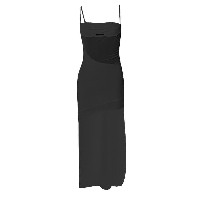 Solid irregular hollow out mesh backless cami mini dress - View 7