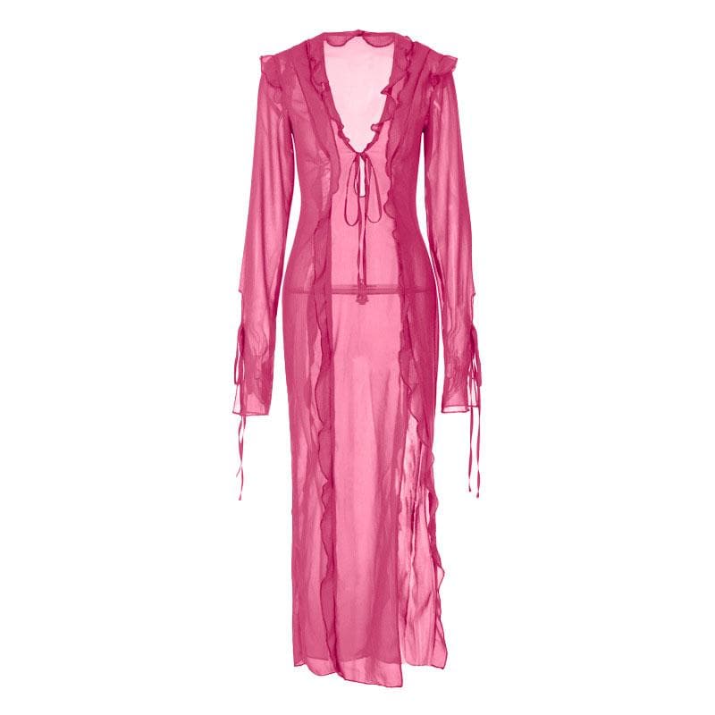 Slit chiffon see through long sleeve v neck self tie maxi dress - View 3