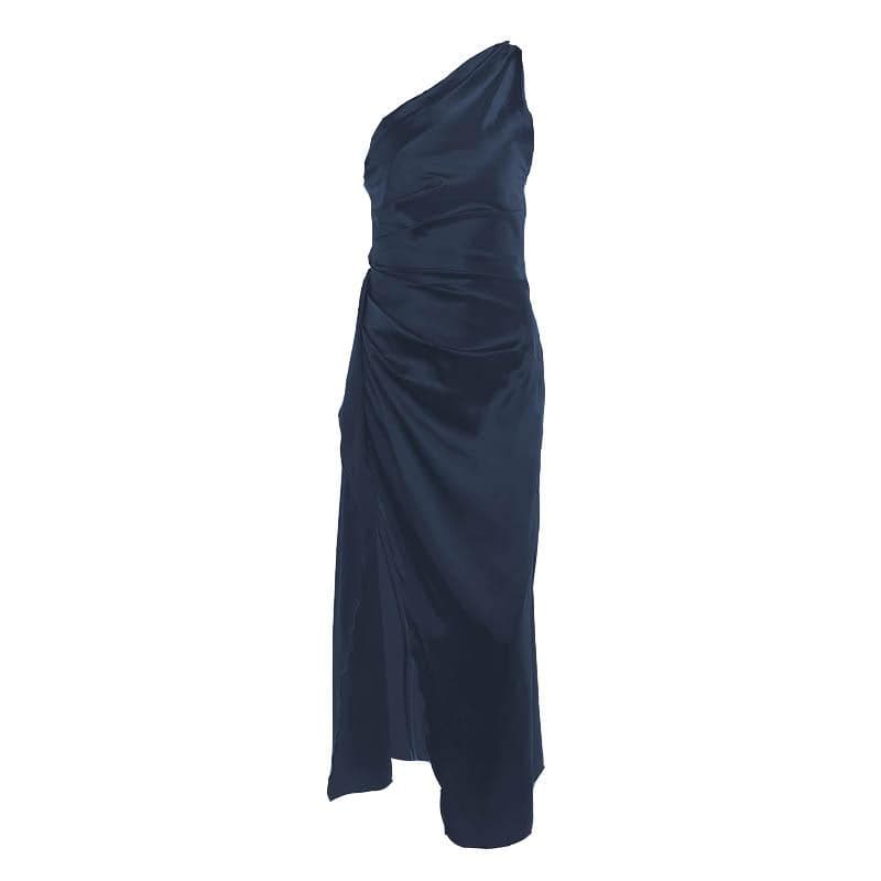 Slit solid satin one shoulder irregular ruched maxi dress - View 11