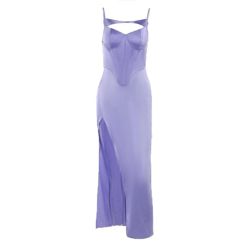 Satin Spaghetti Strap Corset Cut Out High Split Maxi Dress - View 3