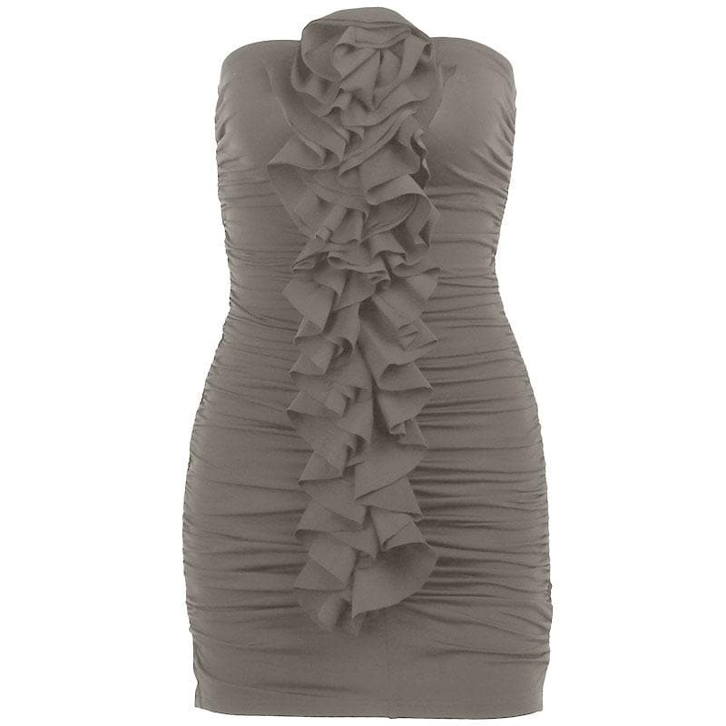 Strapless Ruched Floral Applique Ruffle Bodycon Mini Dress - View 2