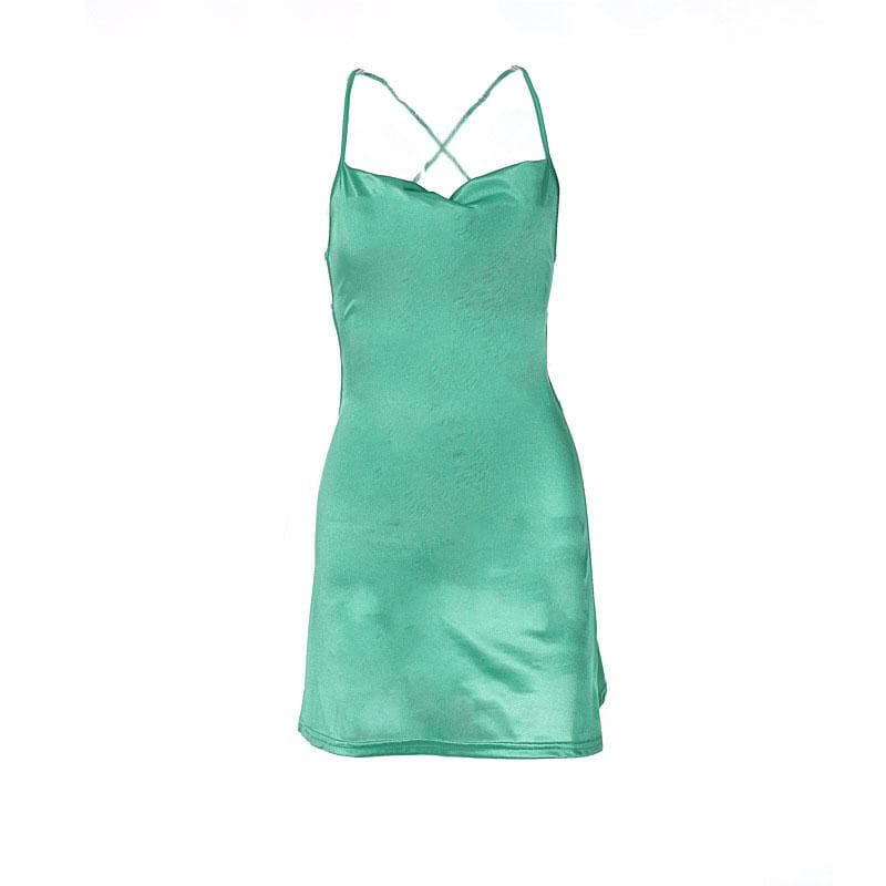 Cross back solid satin cowl neck lace up self tie backless mini dress - View 8
