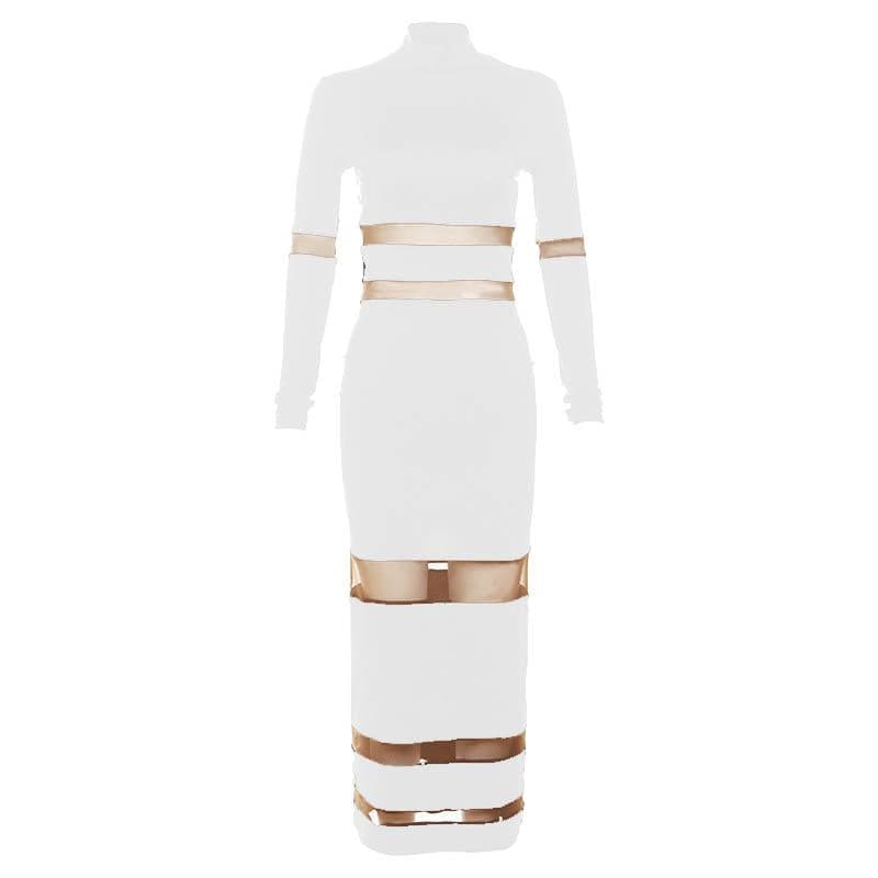 Patchwork mesh contrast long sleeve high neck maxi dress - View 8