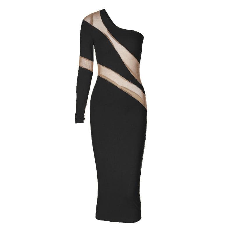 Long sleeve mesh backless one shoulder midi dress - View 9