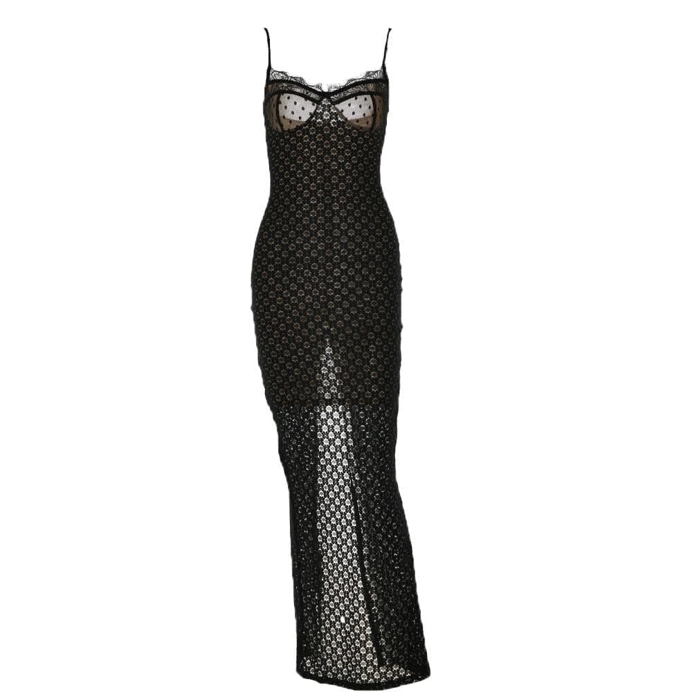 Mesh lace hem zip-up slit solid backless cami midi dress - View 2