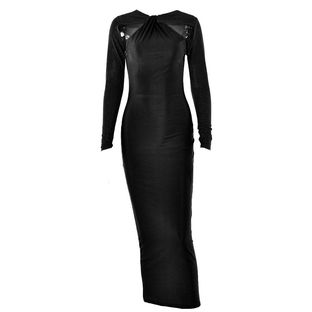 Long sleeve beaded zip-up hollow out patchwork maxi dress - View 3