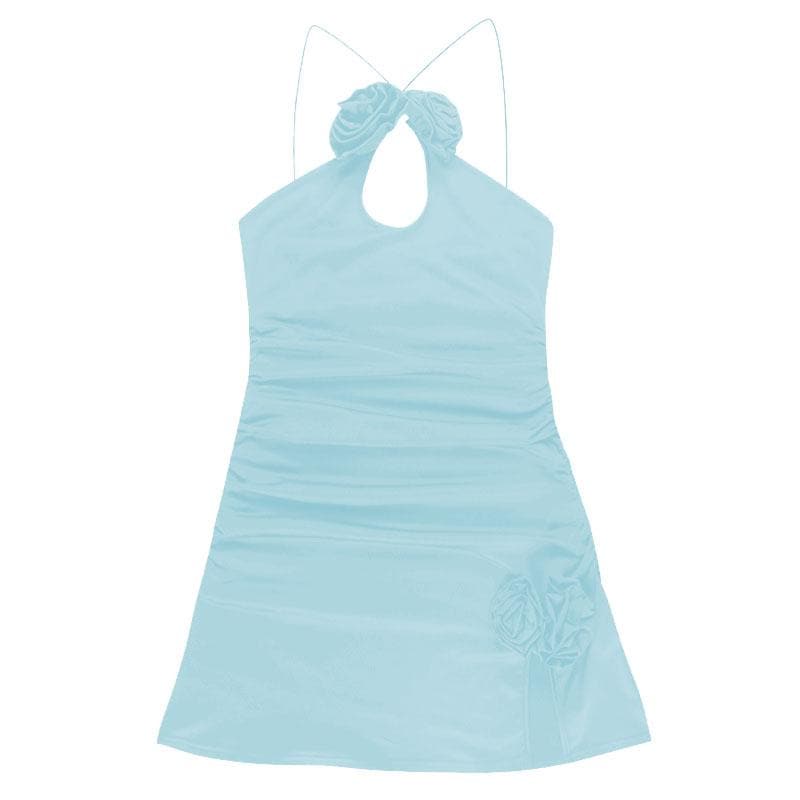 Rosette Appliqué Halter Cut Out Ruched Bodycon Mini Dress - View 10