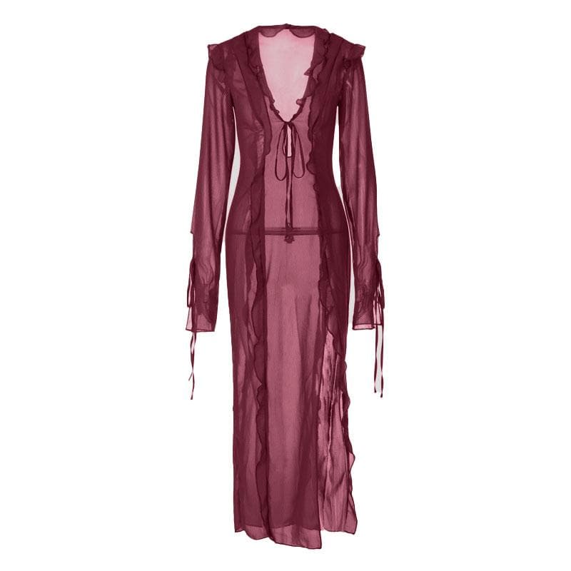 Slit chiffon see through long sleeve v neck self tie maxi dress - View 4
