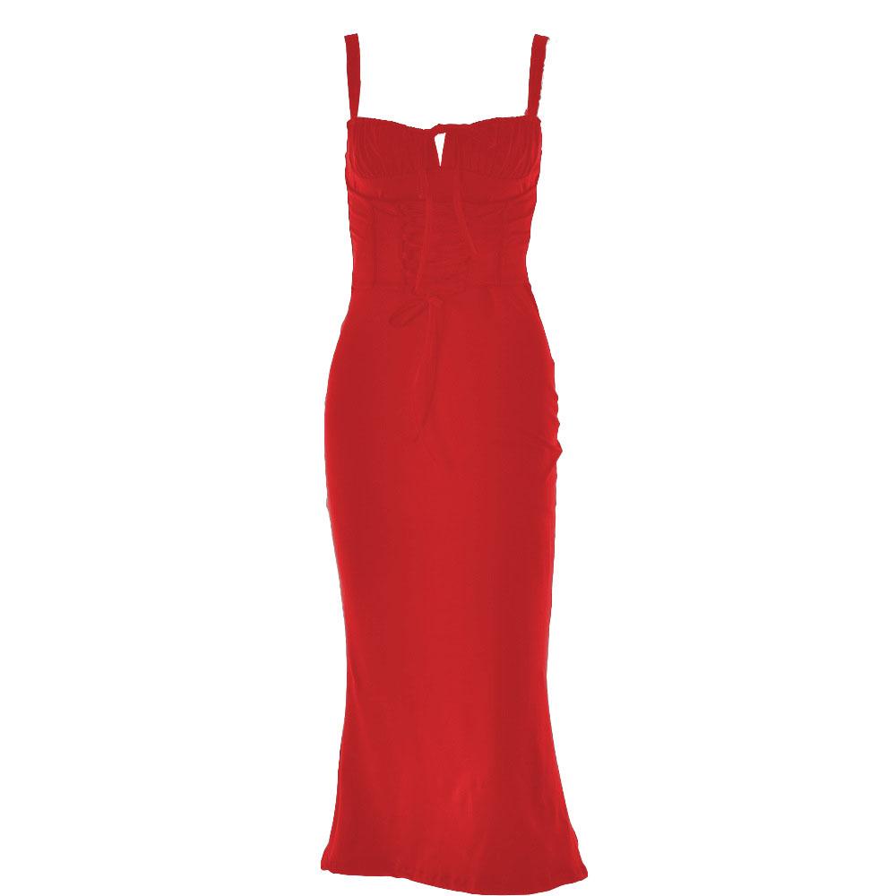 Ruched solid lace up self tie backless sleeveless midi dress - View 8