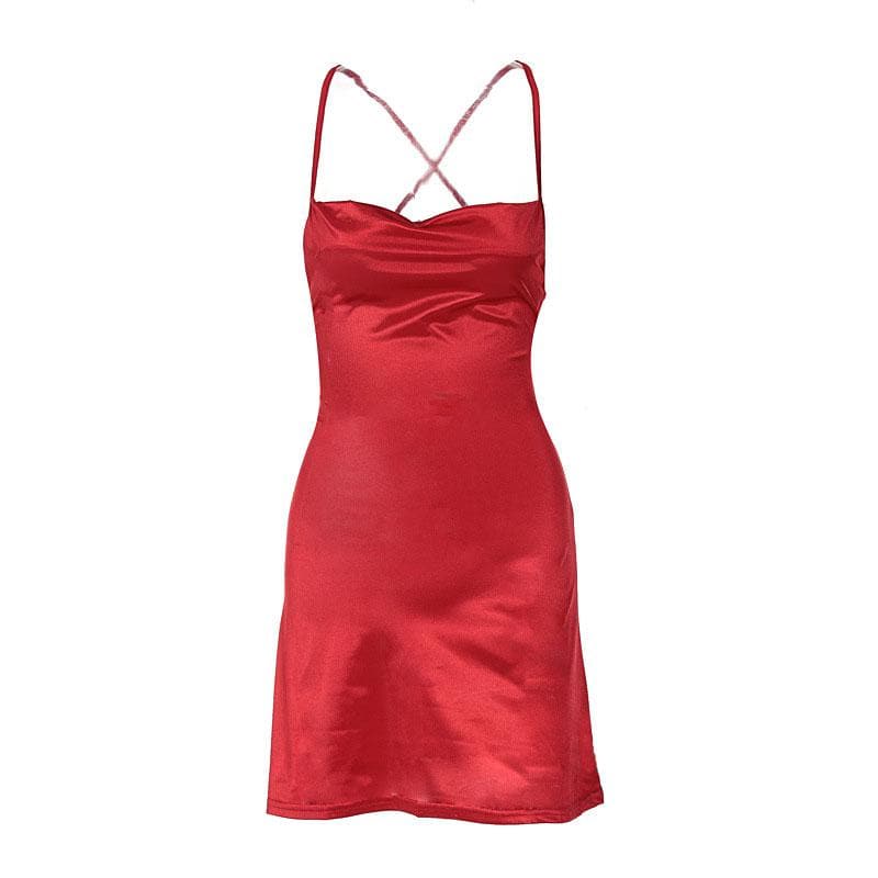 Cross back solid satin cowl neck lace up self tie backless mini dress - View 10