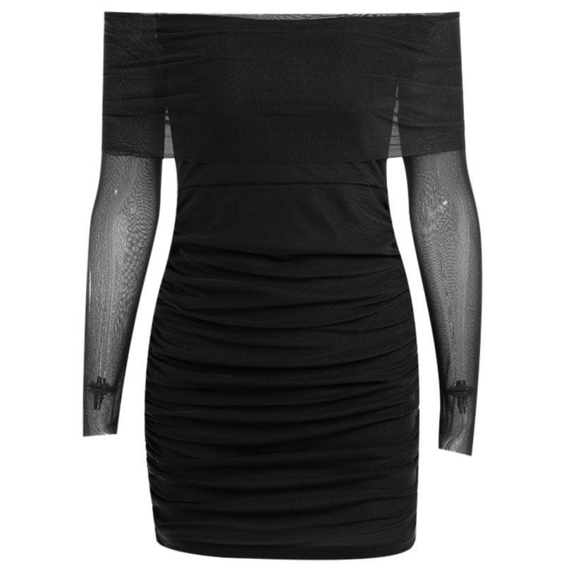Mesh off shoulder solid long sleeve ruched mini dress - View 2