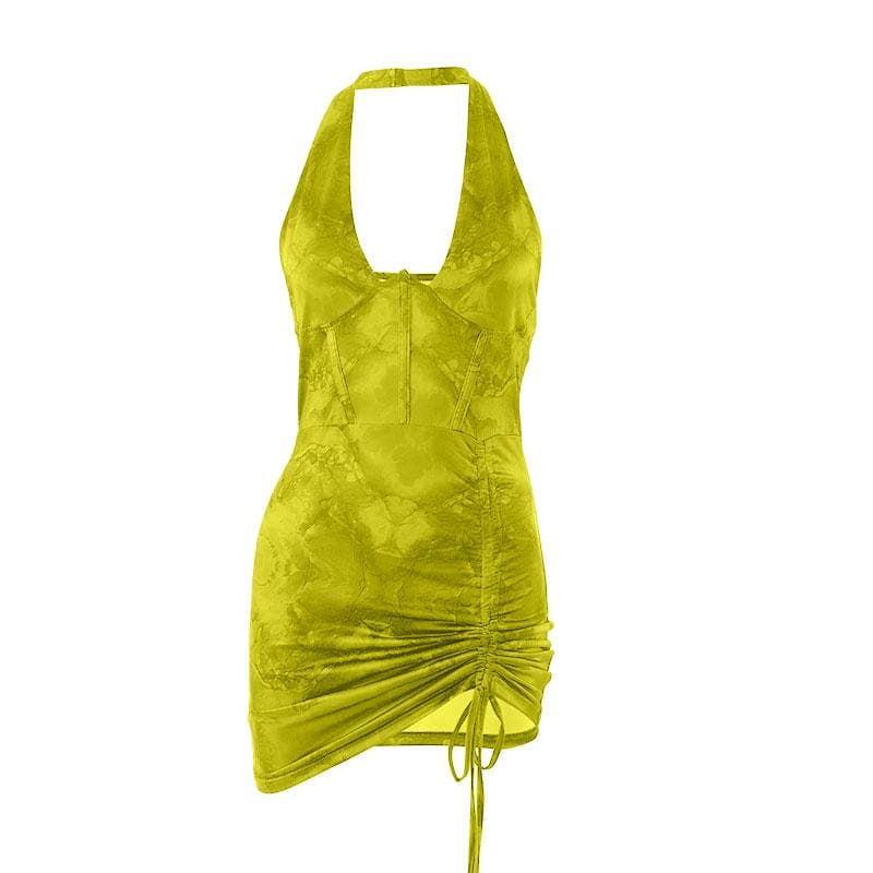 Halter Neck Corset Ruched Drawstring Backless Bodycon Mini Dress - View 11