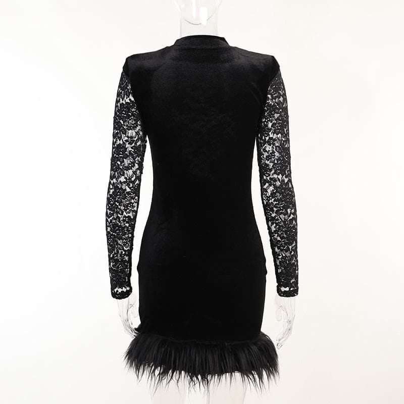 Lace solid see through long sleeve furry mini dress - View 3