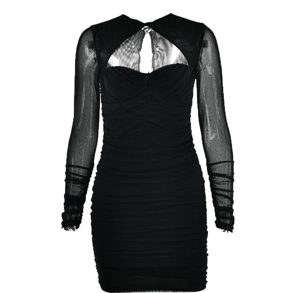 Hollow out ruched mesh long sleeve zip-up button mini dress - View 3