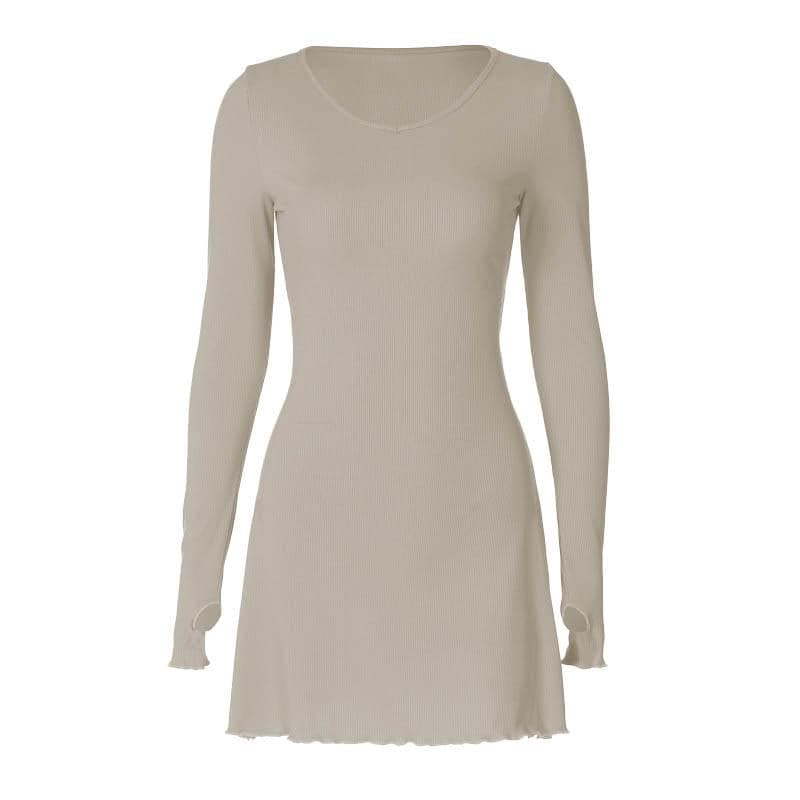 Ribbed Long Sleeve Lace Up Ruffle Mini Dress - View 10