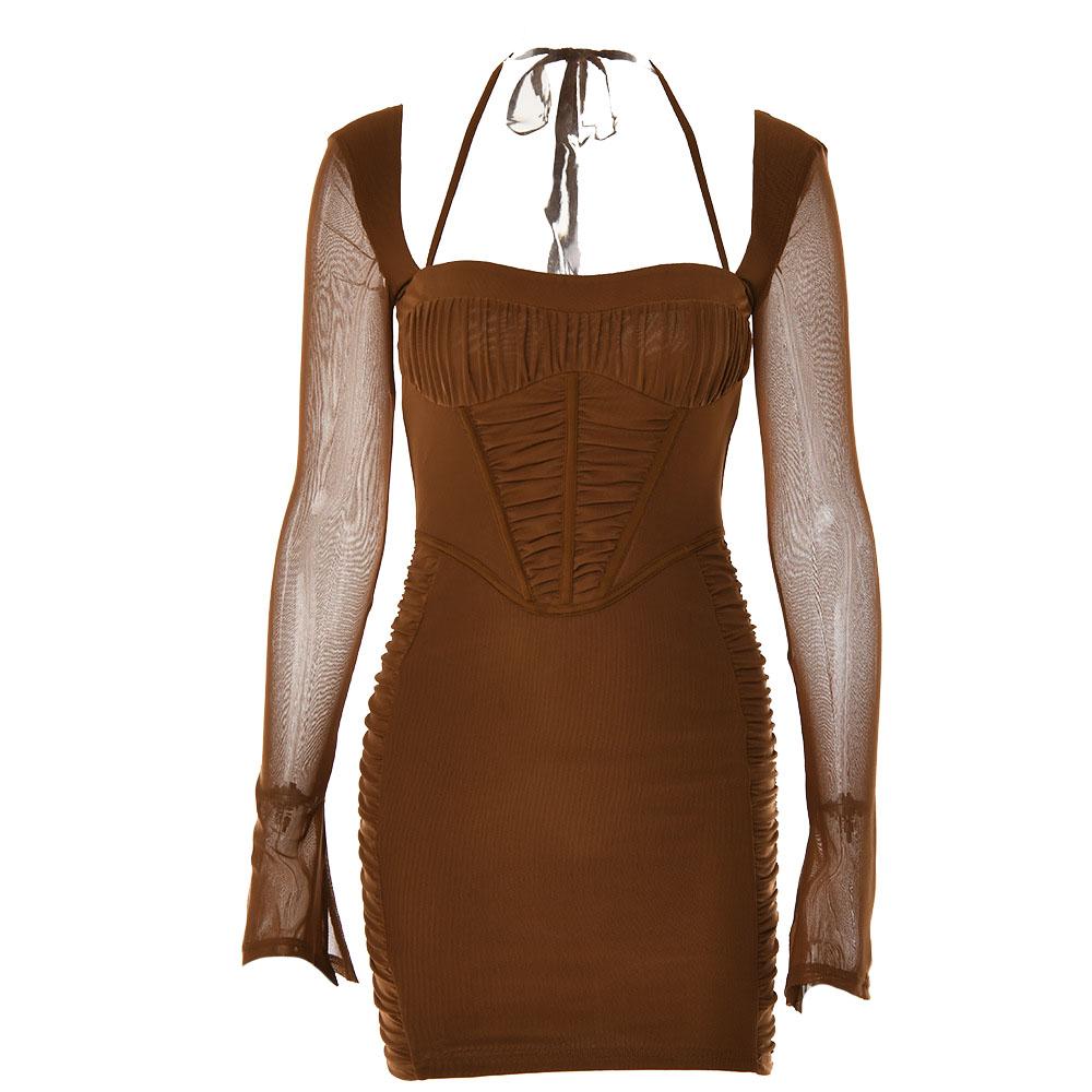 Mesh Long Sleeve Ruched Corset Bodycon Mini Dress - View 2