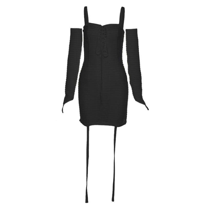 Ribbed Lace Up Corset Spaghetti Strap Mini Dress and Sleeve Set - View 7