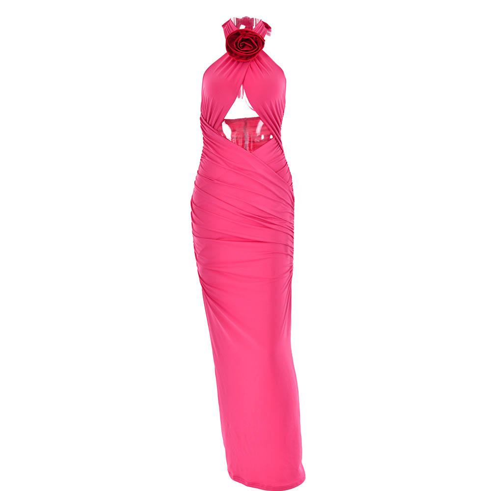 Halter Neck Flower Applique Cut Out Ruched Bodycon Maxi Dress - View 2