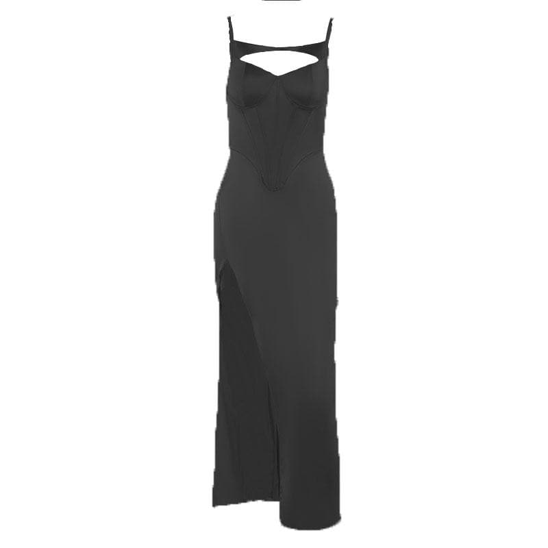 Satin Spaghetti Strap Corset Cut Out High Split Maxi Dress - View 2