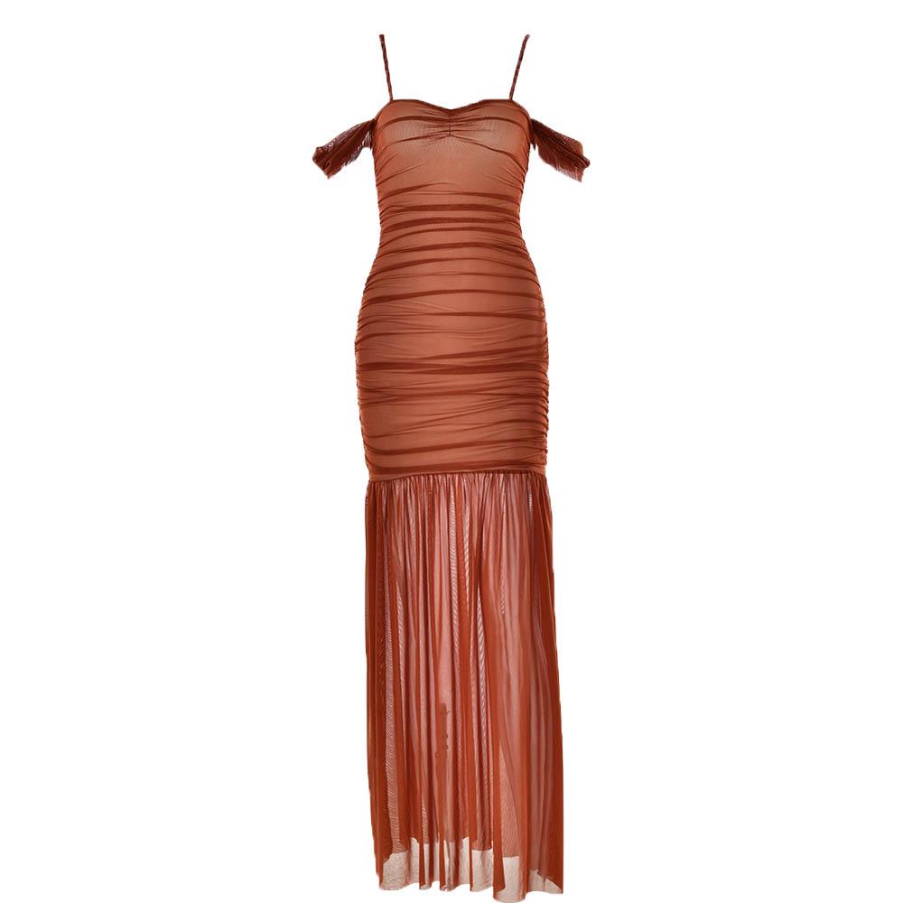 Mesh off shoulder ruched patchwork backless maxi dress - View 8