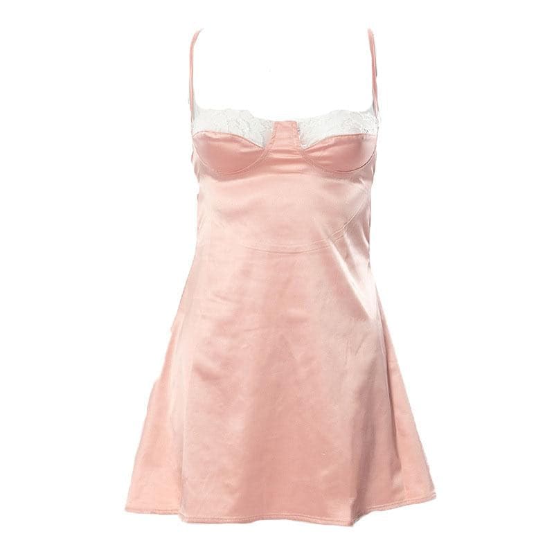 Lace hem satin ruched hollow out backless cami mini dress - View 9