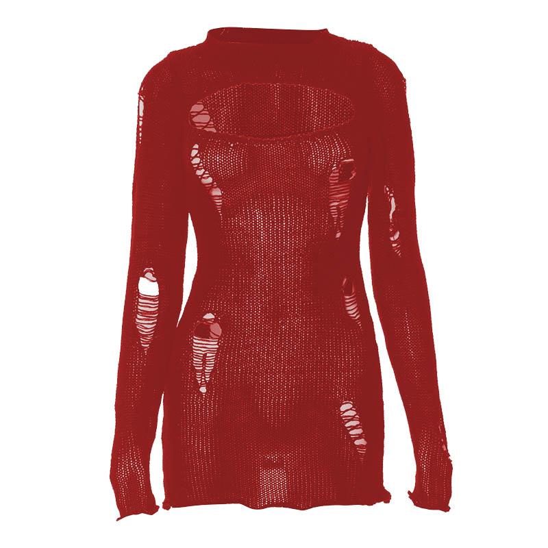 Crochet hollow out solid long sleeve mini dress - View 7