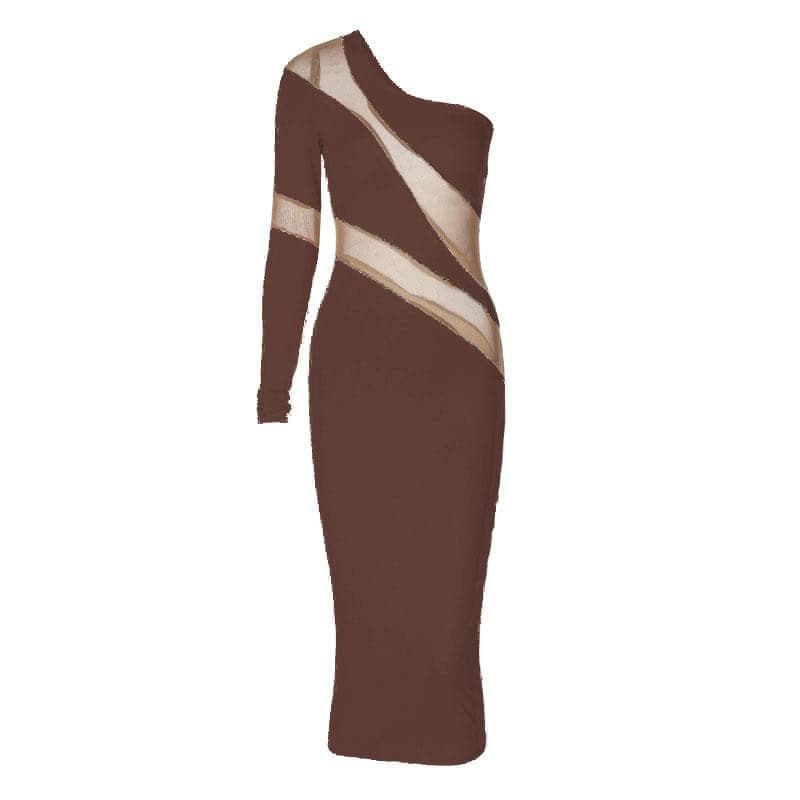 Long sleeve mesh backless one shoulder midi dress - View 2