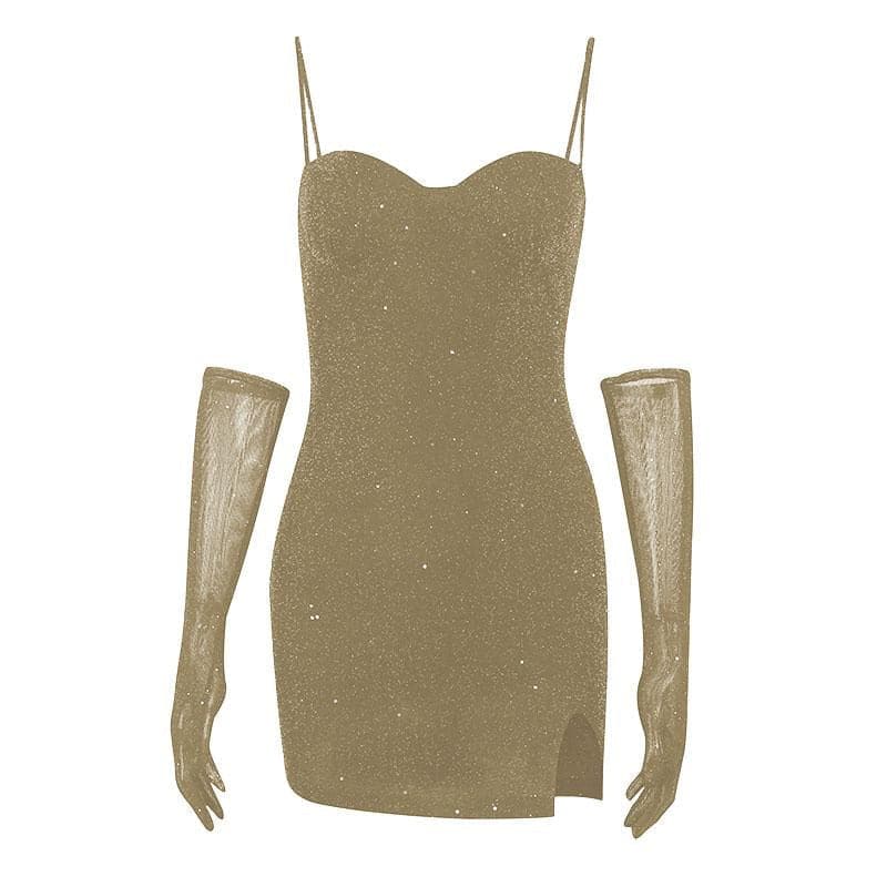 Gloves solid beaded slit sweetheart neck cami mini dress - View 8