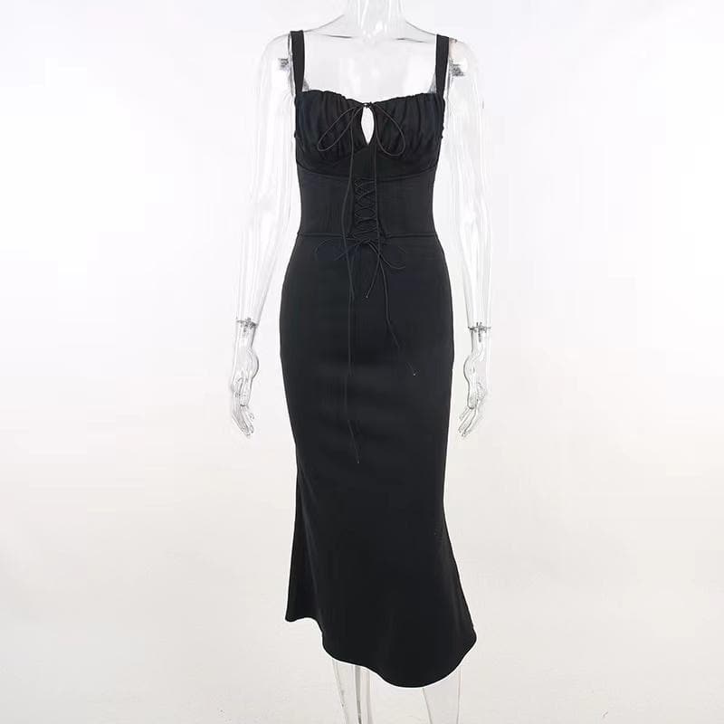 Ruched solid lace up self tie backless sleeveless midi dress - View 2