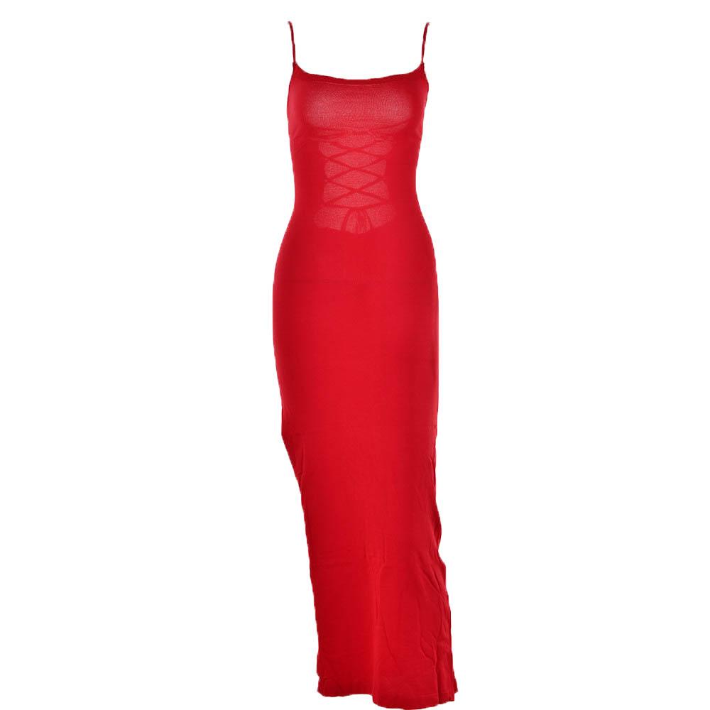 Lace up square neck slit solid backless cami maxi dress - View 8