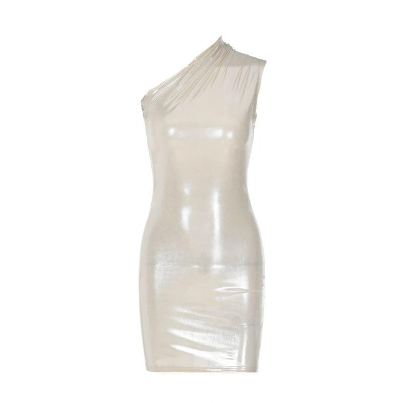 Metallic one shoulder ruched sleeveless irregular mini dress - View 12