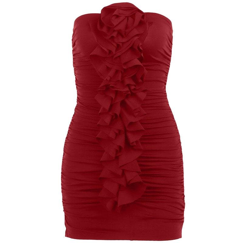 Strapless Ruched Floral Applique Ruffle Bodycon Mini Dress - View 9