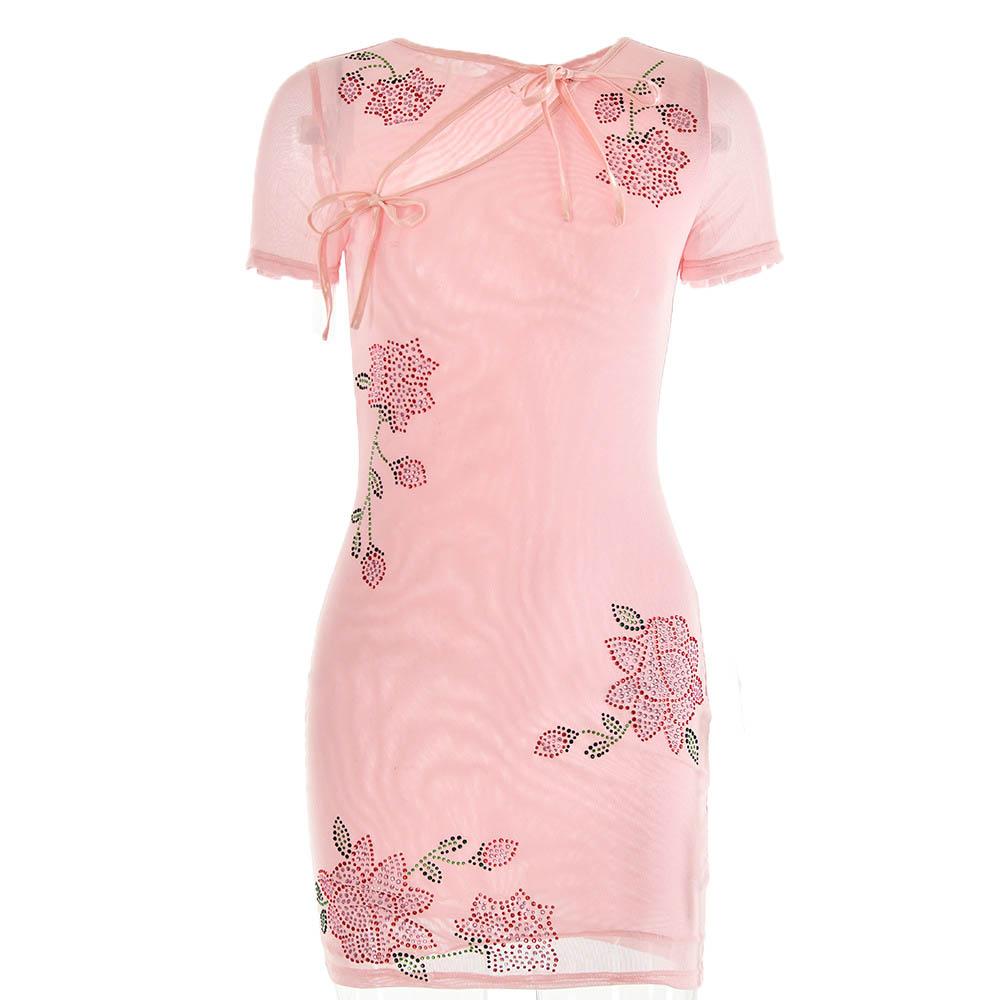 Beaded sheer mesh see through self tie short sleeve mini dress - View 2