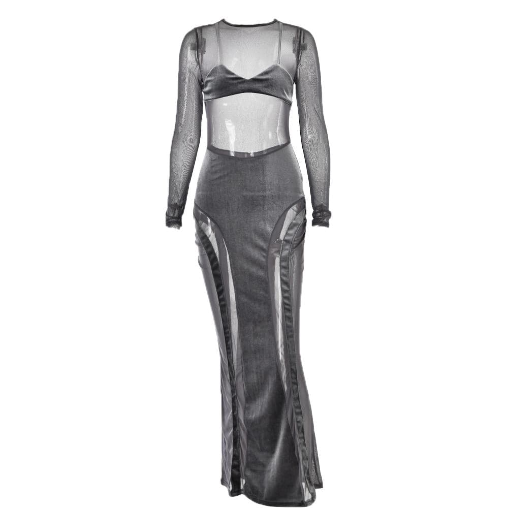 Mesh patchwork velvet solid long sleeve maxi dress - View 10