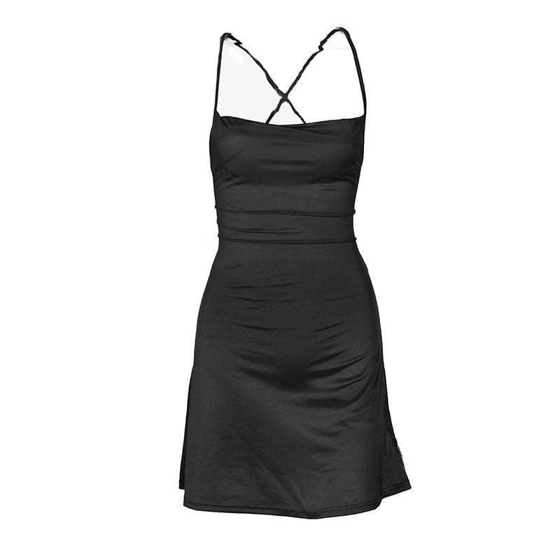 Cross back solid satin cowl neck lace up self tie backless mini dress - View 9
