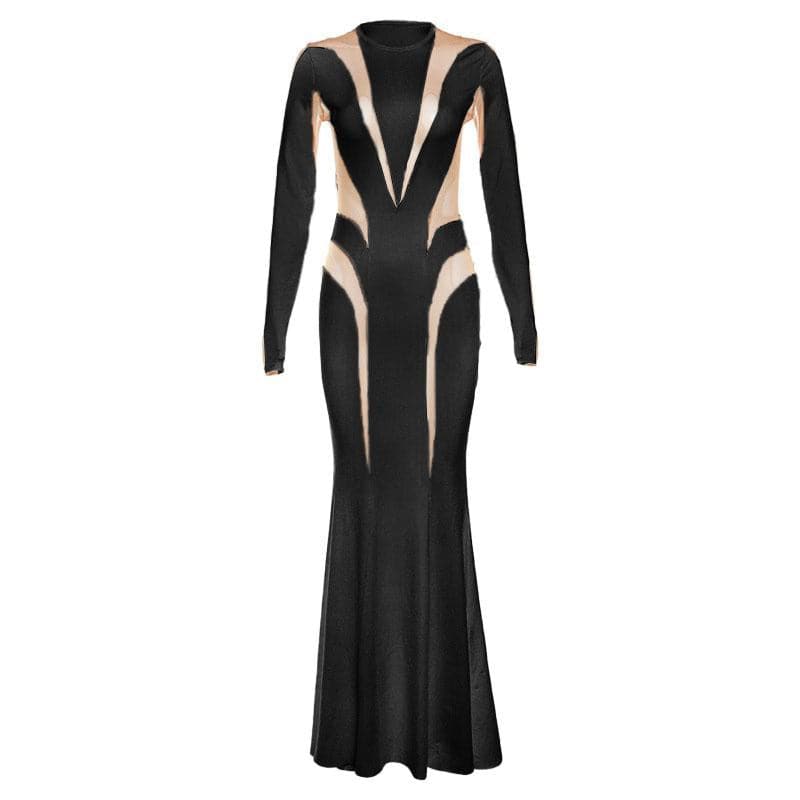 Crewneck long sleeve mesh patchwork maxi dress - View 3