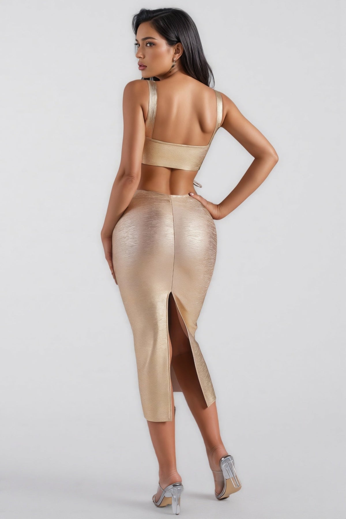 Metallic Square Neck Side Cut Out Twist Panel Bandage Midi Dress - View 7