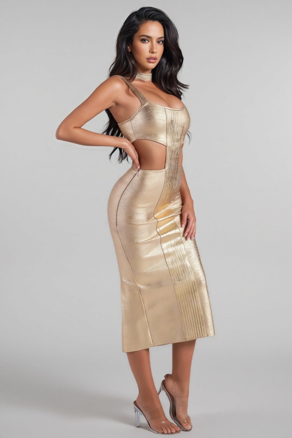 Metallic Square Neck Side Cut Out Twist Panel Bandage Midi Dress - View 5