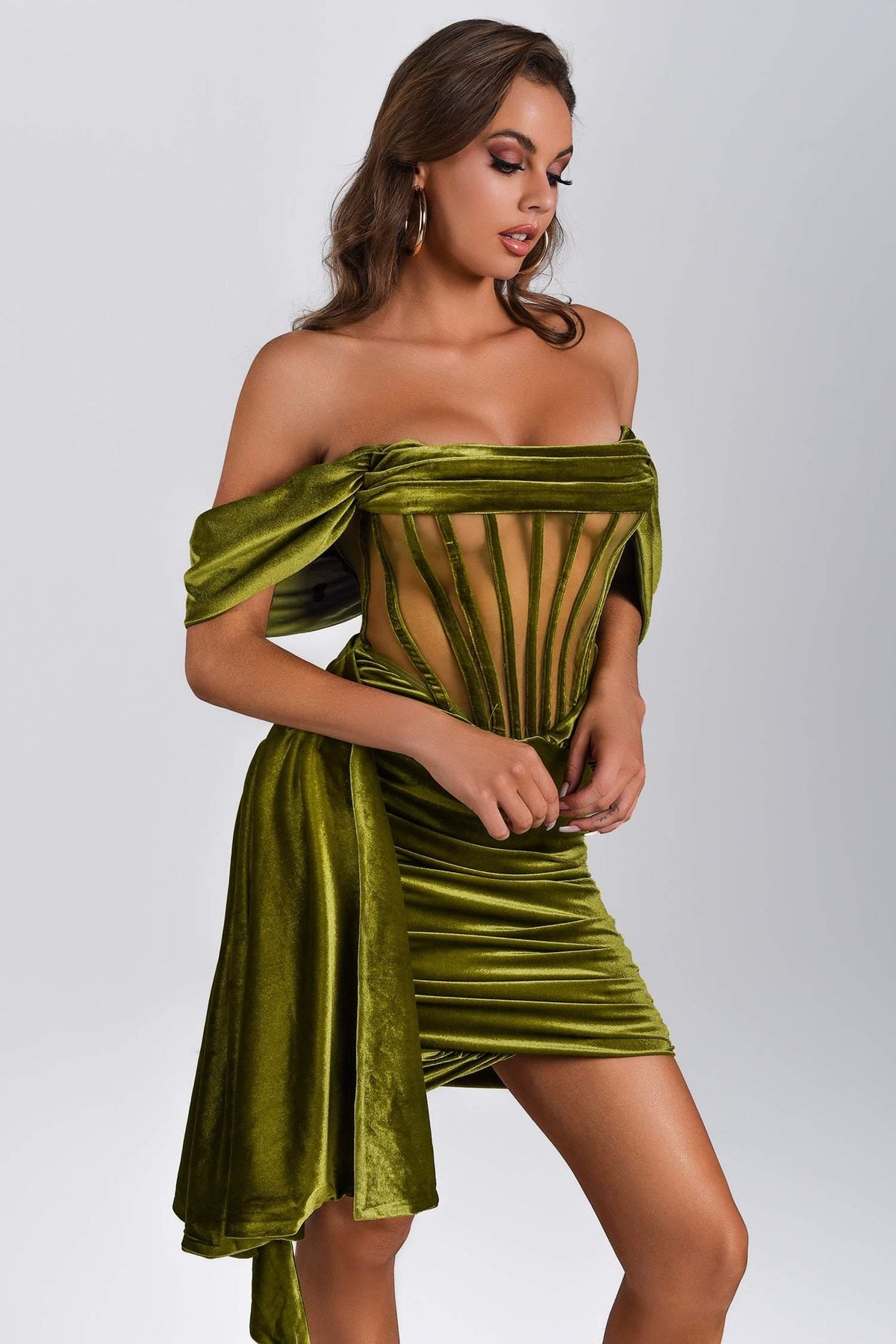 Velvet Off Shoulder Corset Ruched Bodycon Mini Dress - View 3