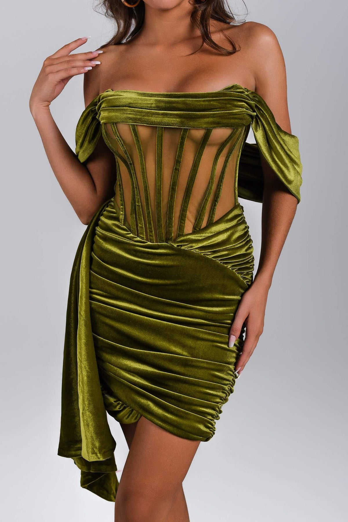 Velvet Off Shoulder Corset Ruched Bodycon Mini Dress - View 4